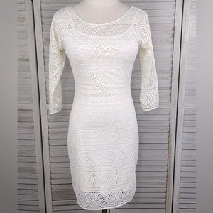 EXPRESS Crochet Overlay 3/4 Sleeve Bodycon Midi Dress White-XS